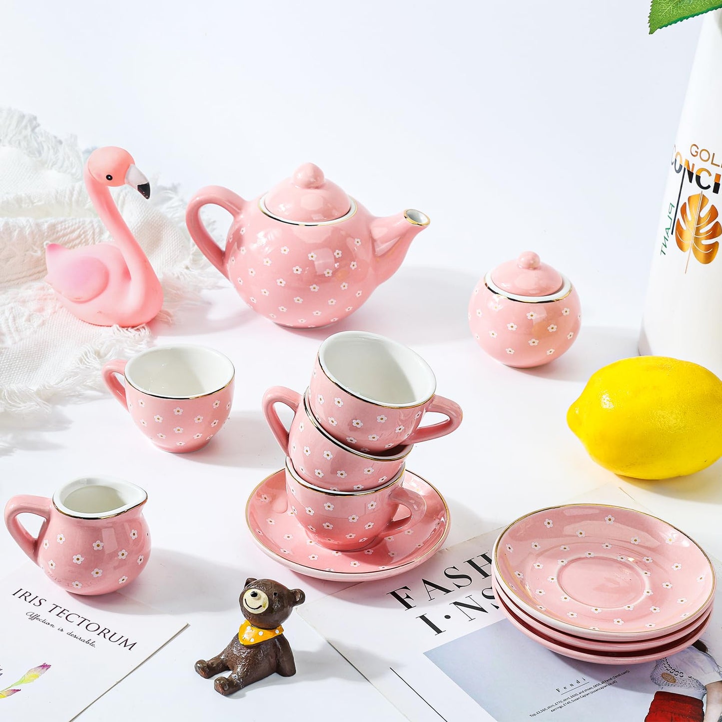 CHENP.HMC Tea Party Set for Little Girls, 13 Piece Sets Kids Tin Tea Party with Cups, Saucers, Plates & Serving Trays, Girls Birthday Gift (Pastel Polka Dots)