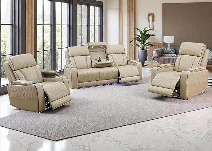 Toseslo Power Recliner Sofa Set with LED Light, Living Room Furniture Sets,Leather Sofa and 2 Chairs Set,Modern Power Reclining Sets with Cup Holder/Storage Console for House, Beige