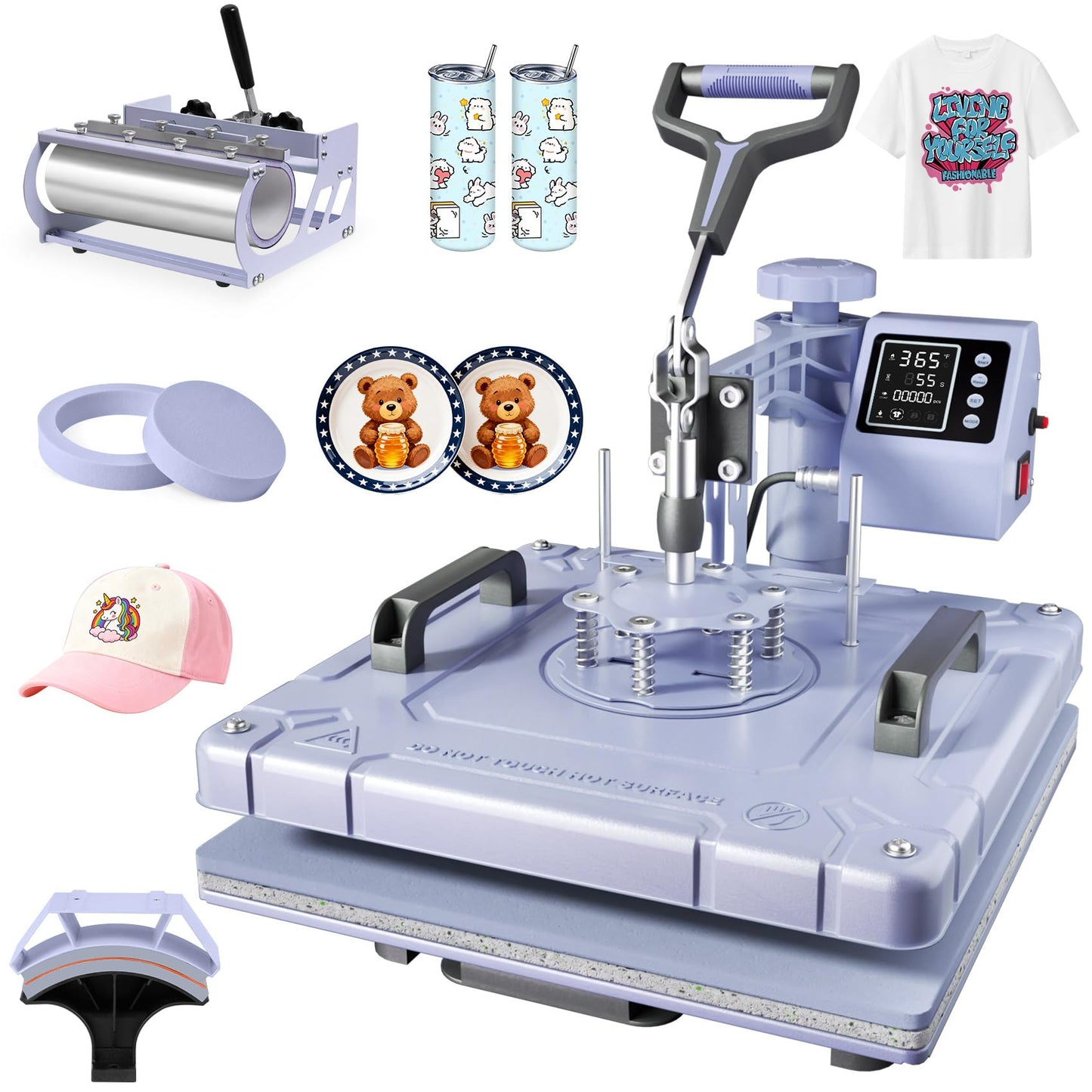 Seeutek 8 in 1 Heat Press Machine 15x15 Inch, Swing Away Digital Sublimation Heat Transfer Press with 20oz & 30oz Tumbler Attachments for T-Shirts, Mugs, Hats & Plates, Lavender