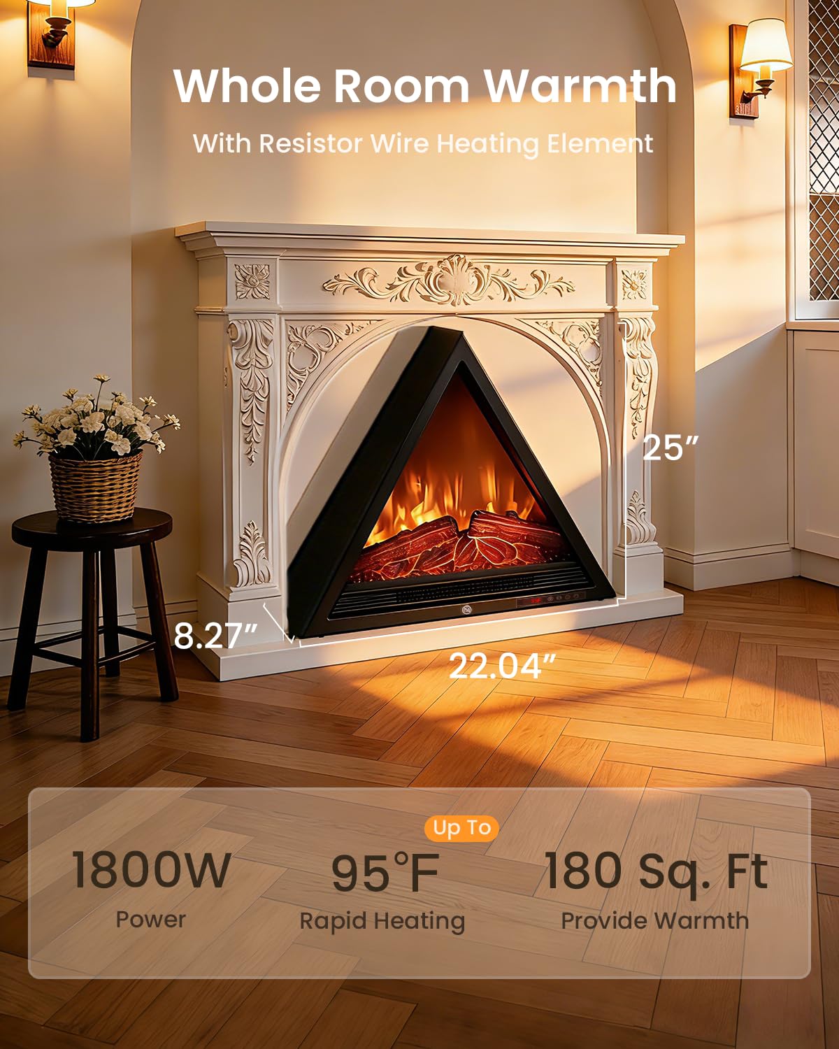 AIRMATE 22in Electric Fireplace Heater, 1500W Triangular Electric Fireplace Insert Logs 24H Timer, Adjustable LED Light & Flame Colors Remote Overheat Protection Fire Places Fireplace