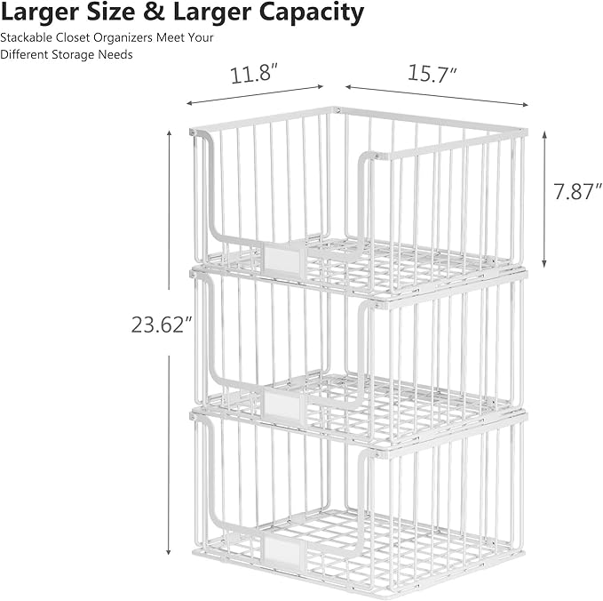 3-Tier Stackable Closet Organizers and Storage, Clothes Shelf Organizer, Foldable Wire Basket Bins, Sweater Storage for Closet and Pantry,11.8" D x 15.7" W,White
