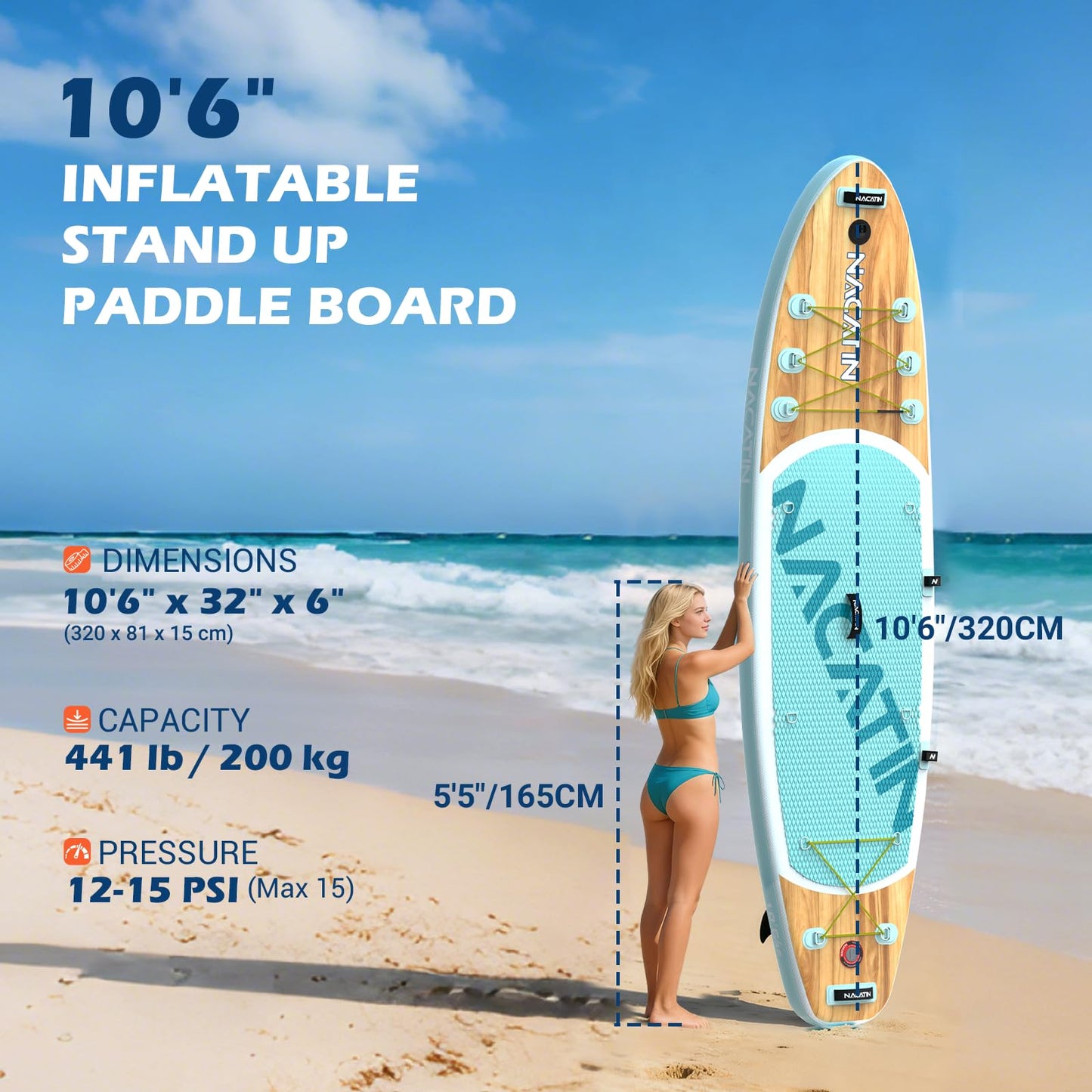 NACATIN Inflatable Stand Up Paddle Board for All Skill Levels, 10'6'' SUP Board for Adults with Non-Slip Deck, Full SUP Accessories & Kayak Seat, Great Stability for Lake, Ocean, Yoga & Fishing