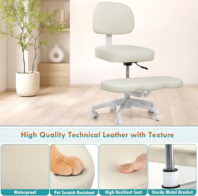 Qmetalart Cross Legged Office Chair,ADHD Friendly,Comfortable Meditation Criss Cross Chair with Wheels,Kneeling Chair for Home,Office,Adults,Teenagers,Fidgety Sitters,Posture Improvement,Cream White