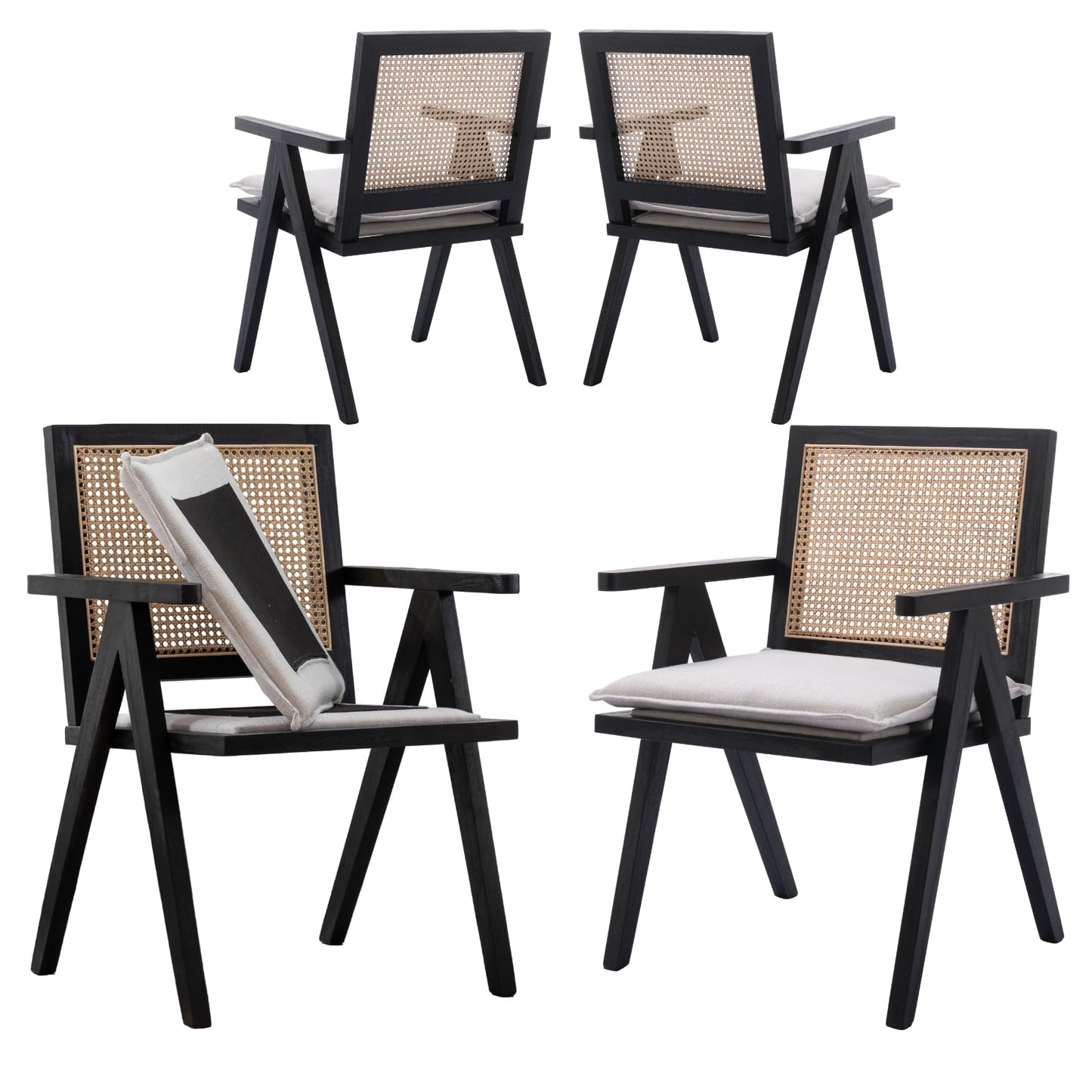 ChicAura Farmhouse Rattan Dining Chairs Set of 4, Modern Upholstered Dining Chairs Cane Back Country Kitchen Chairs with Arms Comfy French Country Linen Side Chairs for Kitchen Dining Room, Black Wood