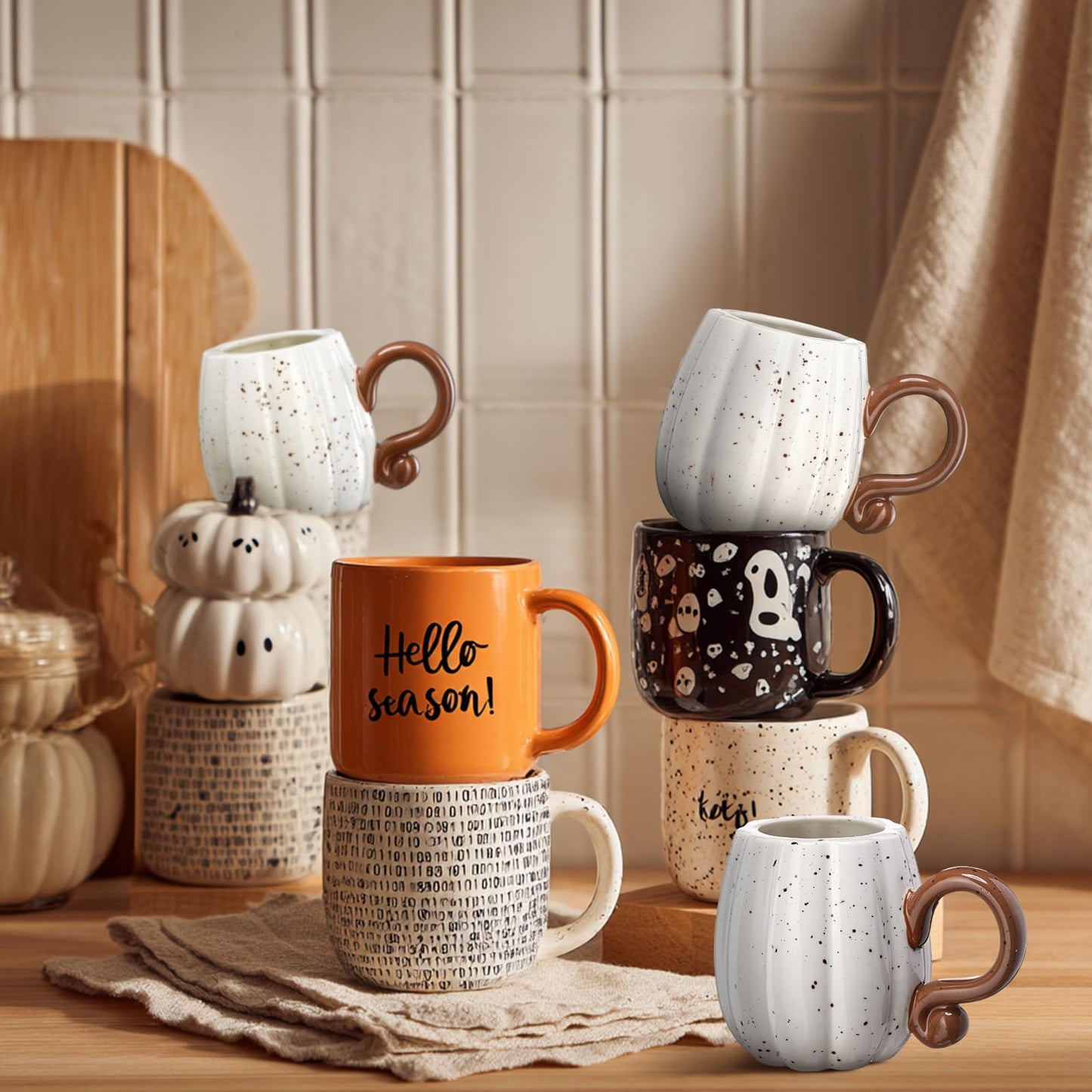 RimCereal 2 Pcs Fall Pumpkin Cup Ceramic Coffee Mugs 16 oz Thanksgiving Funny Tea Mug Autumn Halloween Birthday Gifts Decoration Food Theme for Family or Friend (White)