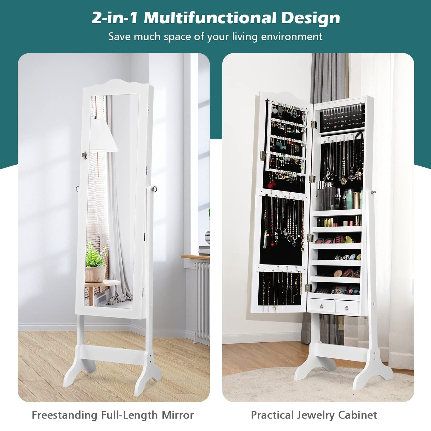 NAFORT Jewelry Armoire, Mirror with Jewelry Storage, 14 LED Lights Jewelry Organizer, Standing Lockable Jewelry Cabinet with Full Length Mirror, Jewelry Organizer with 2 Drawers, White