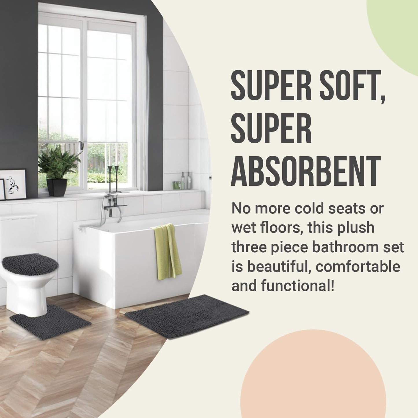 ITSOFT 3pc Non-Slip Shaggy Bathroom Mat Set, Includes 24 x 21 Inches U-Shaped Contour Toilet Rug, 34 x 21 Inches Bathmat and 1 Toilet Lid Cover, Sage Green