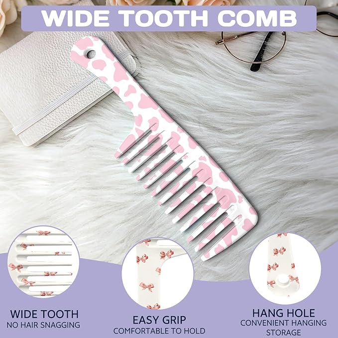 2PCS Wide Tooth Comb,Effortless Tangle Removal for Long Hair Styling Comb for Curly,Wet,Cute Aesthetic Design for Women Men and Girls(Pink-Cow Bow-02)