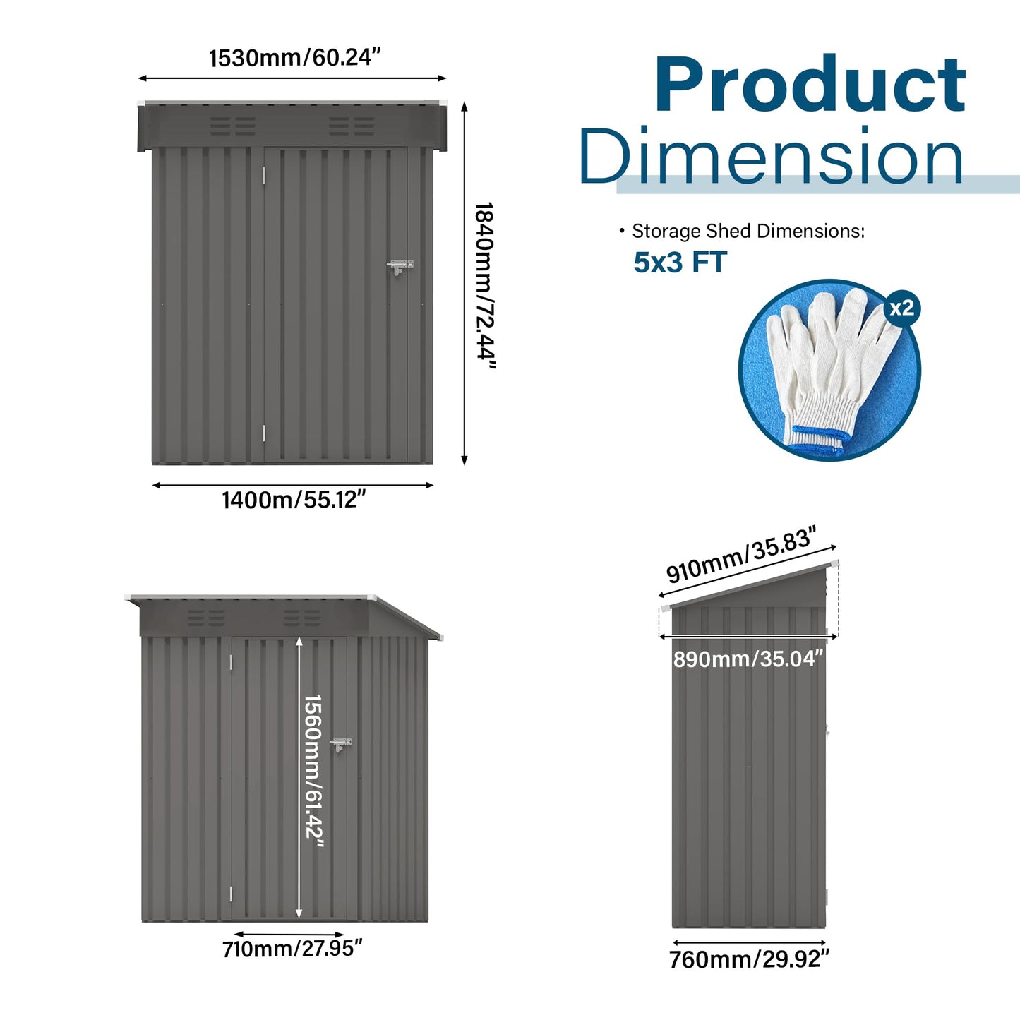 5x3FT Metal Storage Shed Outdoor Garden Tool Shed, Galvanized Steel Compact Weather Resistant Backyard Organizer, Lockable Utility Storage House for Patio Courtyard Equipment Storage Multi Use