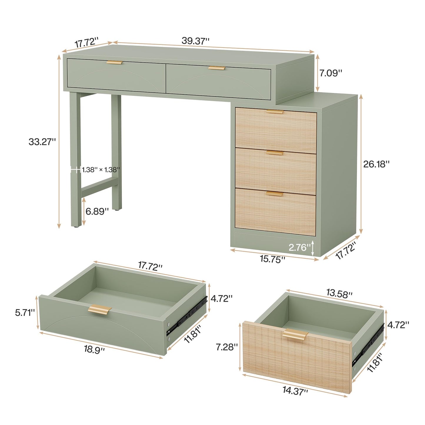 Tribesigns Computer Desk with 5 Drawers, Reversible Small Modern Writing Desk with Storage, Wooden Study Table Office Workstation for Home Office, Small Spaces, Mint Green
