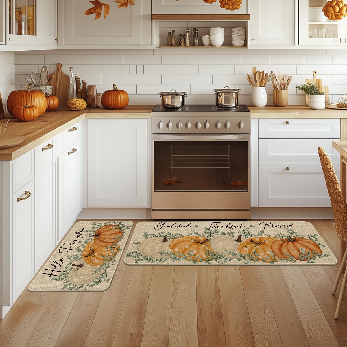 Artoid Mode Orange Maple Leaves Happy Fall Y'all Kitchen Mats Set of 2, Thanksgiving Home Decor Low-Profile Kitchen Rugs for Floor - 17x29 and 17x47 Inch