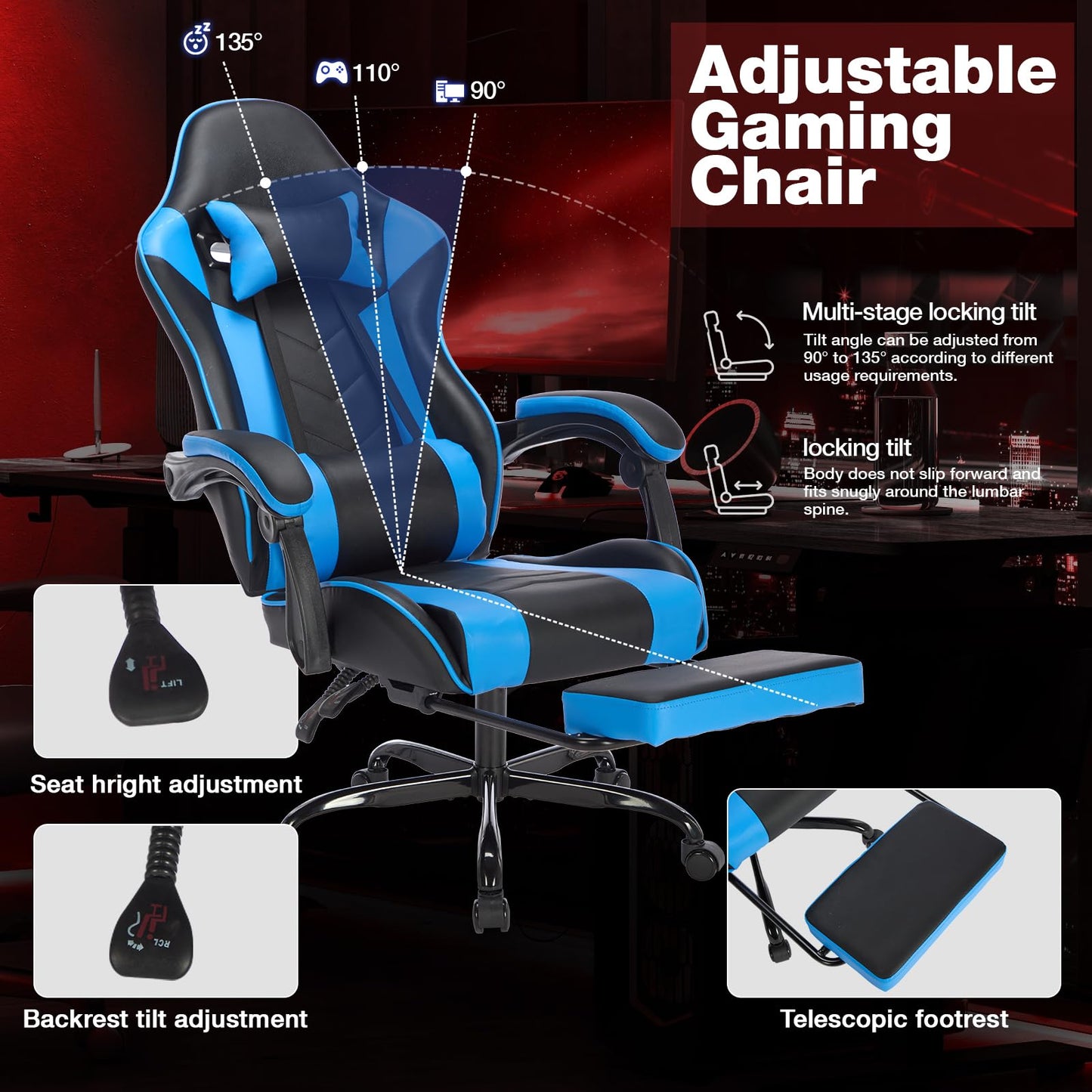 Gaming Chair with Footrest, Ergonomic Computer Chair with Headrest and Lumbar Support, PU Breathable Material Height Adjustable Video Game Chairs for Adults, BlackBlue