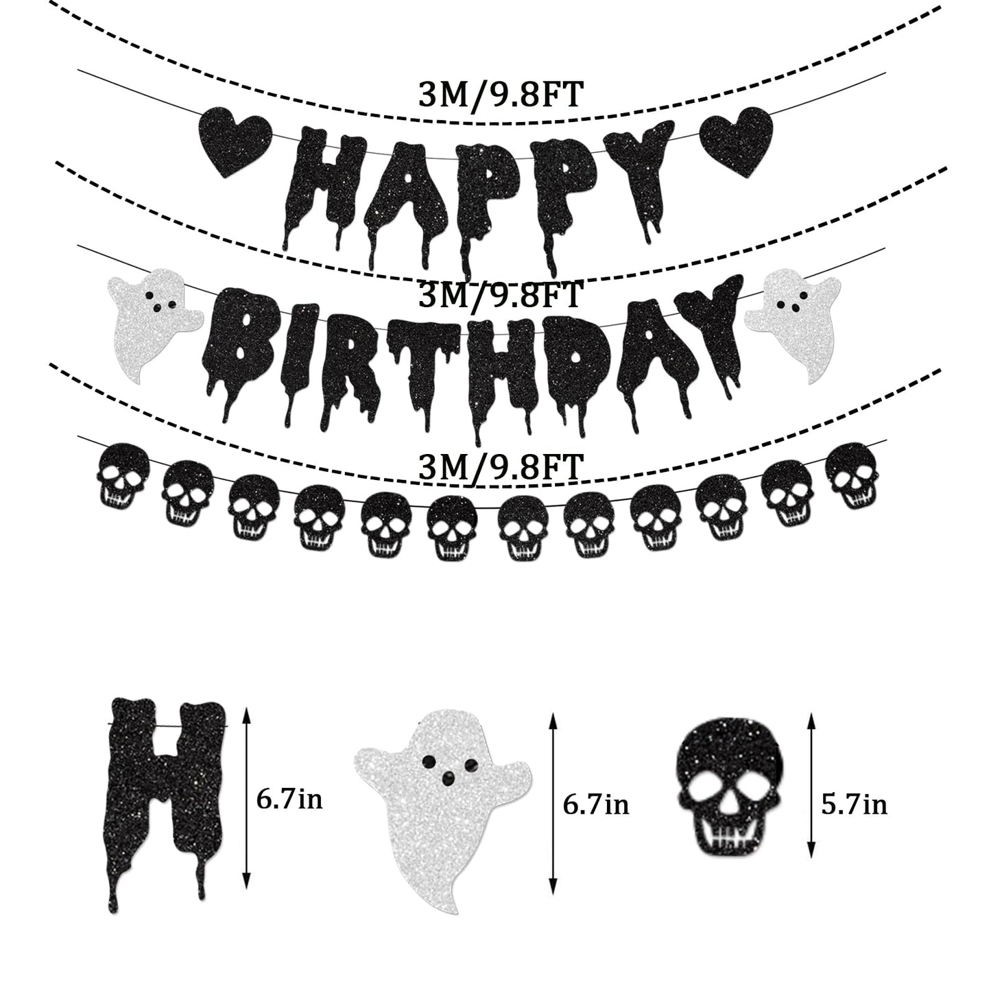FHGG Black Glitter Halloween Birthday Banner Black Heart Skull Garland Happy Birthday Decorations for Halloween Party Decorations Theme Baby Shower Supplies