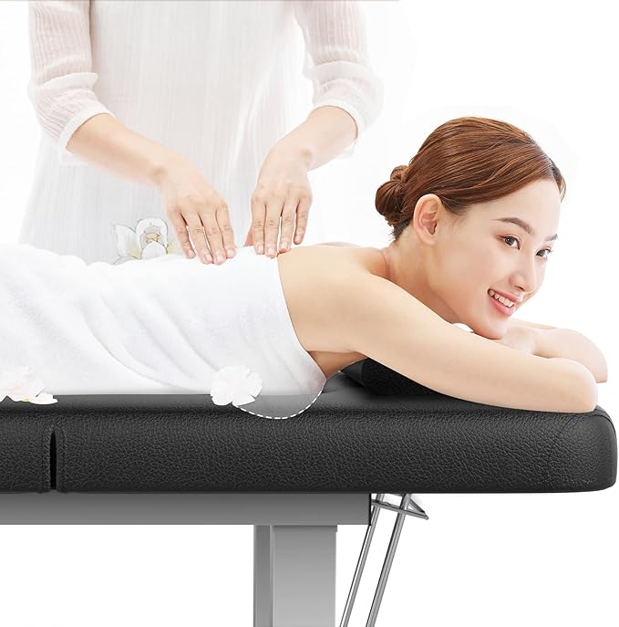 Stationary Massage Table with Backrest and Storage Space, 6 Square Legs Metal Frame PU Leather, 31.5'' Wide × 75'' Long for Treatment Table Physical Therapy Table Spa Facial Bed, Black