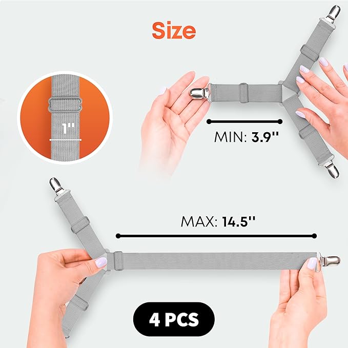 5 STARS UNITED Bed Sheet Straps Set | Easy to Use Adjustable Elastic Fasteners with Metal Clips | Sheet Holders for Corners | Fitted Sheet Clips to Hold Sheets in Place | (4 Pcs Grey)