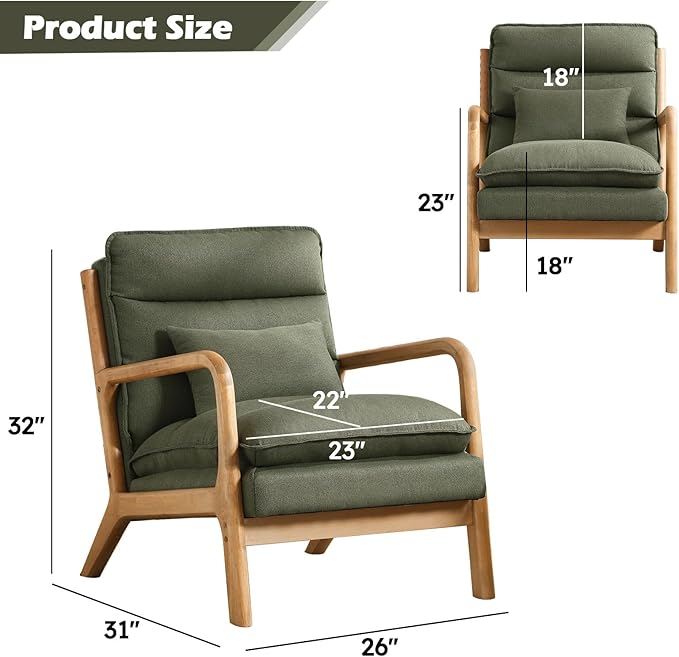 IOMOR Mid Century Modern Accent Chair Set of 2, Upholstered Lounge Armchair with Plump Back Pillow, Comfy Reading Chair with Solid Wood Frame for Bedroom Living Room, Green