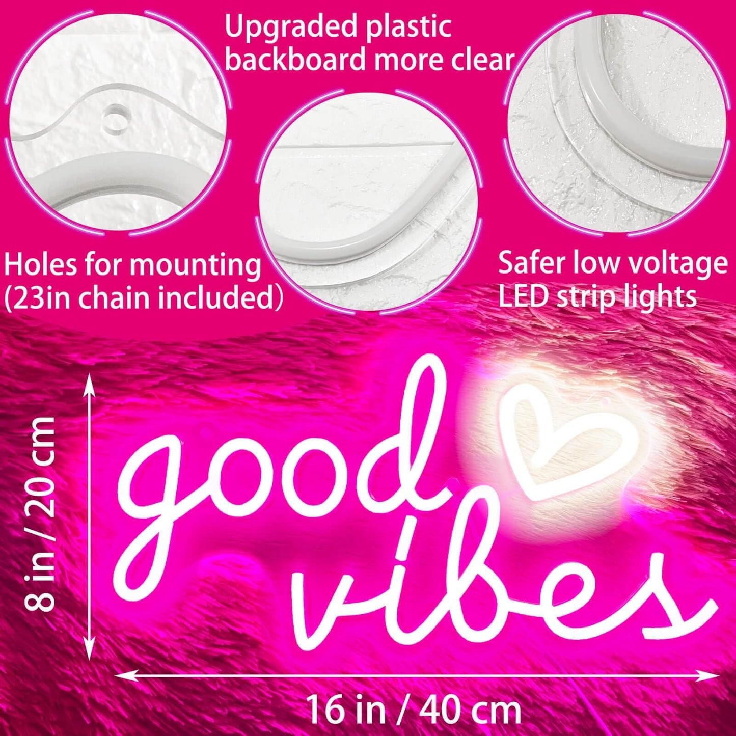 HOHOSIGN Good Vibes Neon Sign for Wall Decor Neon Lights Sign, 16"x8" Heart and Good Vibes LED Signs for Bedroom Wall, USB Operated Pink Goodvibes LED Neon Lights Signs for Game Room Christmas Decor