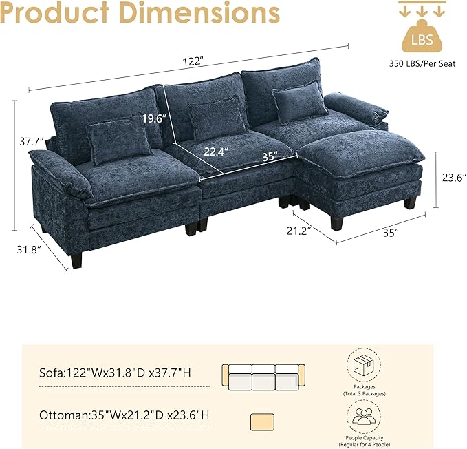 URRED Cloud Couch Modular Sectional Sofa, 122'' Modern L Shaped Deep Seat Sofa with Ottoman & Pillows, Ultra Comfy Chenille Couches for Living Room, Bedroom or Apartment, Blue