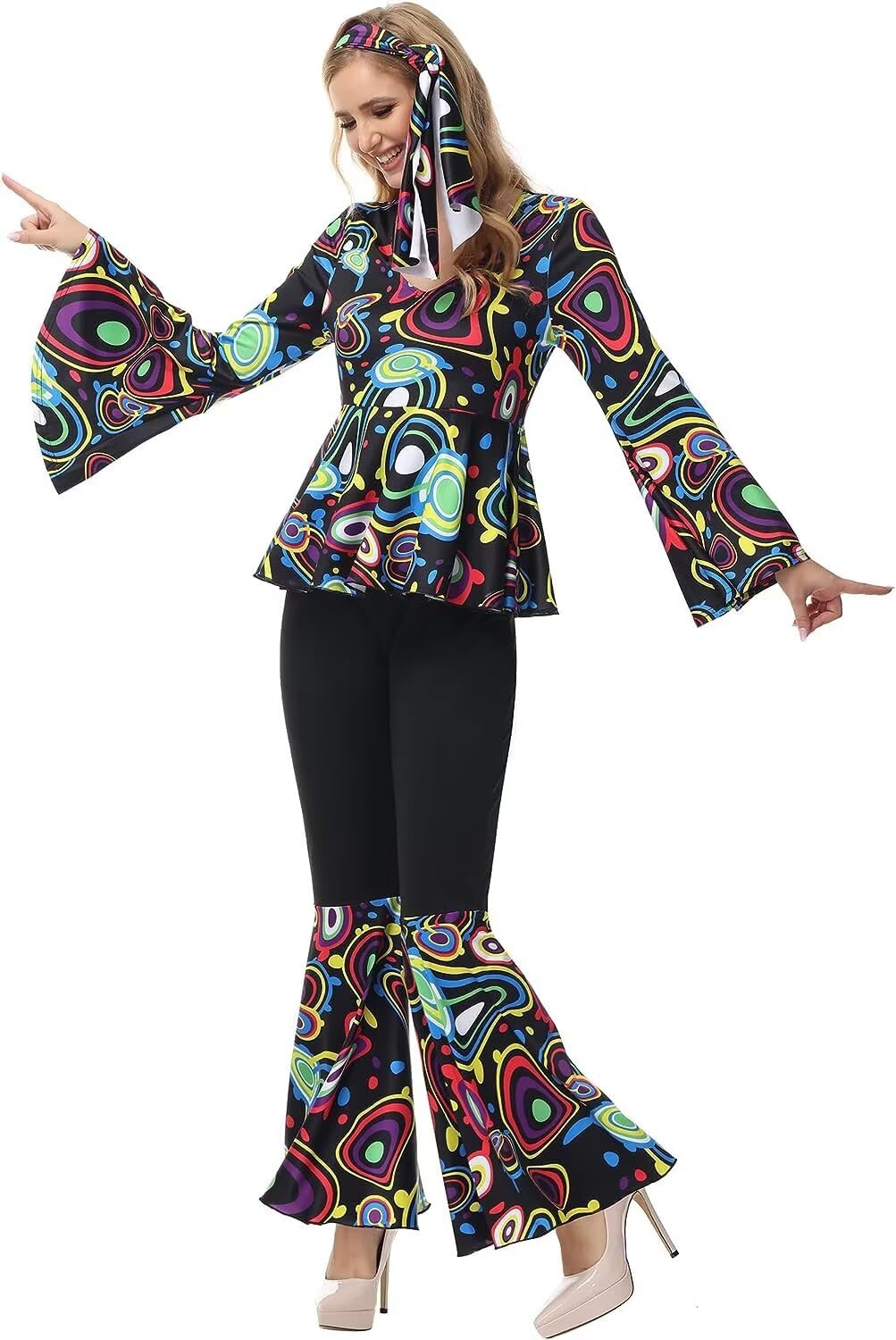 Disco Outfit Women 70s Hippie Costume Disco Top Pants Set Halloween Cosplay Clothes Plus Size Black XL