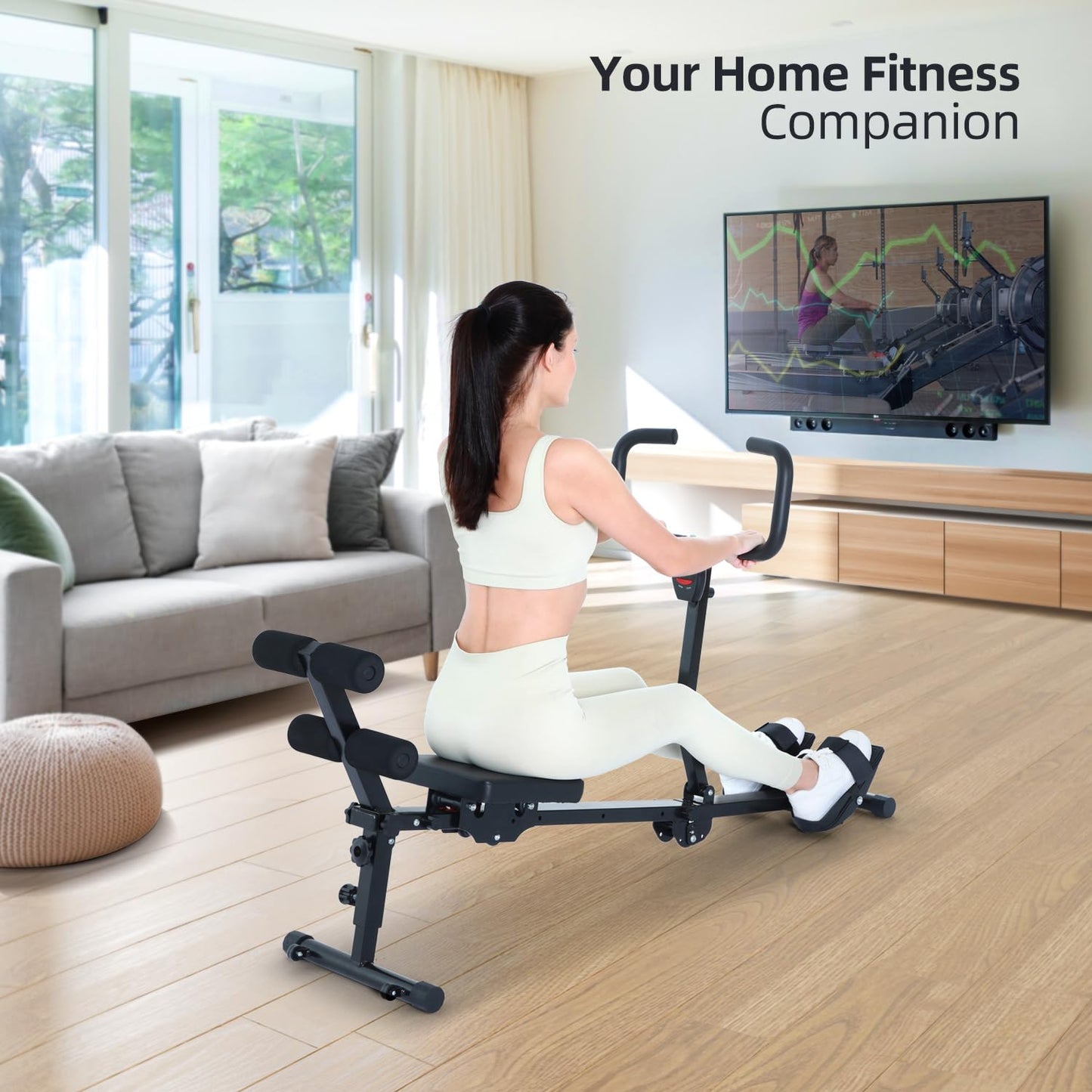 Sportneer Foldable Rowing Machine for Home, Hydraulic Rowing Machine with 12-Level Resistance - Multi Functional Row Machine Equipped with Caster & Backrest, Max 297lbs Weight Load