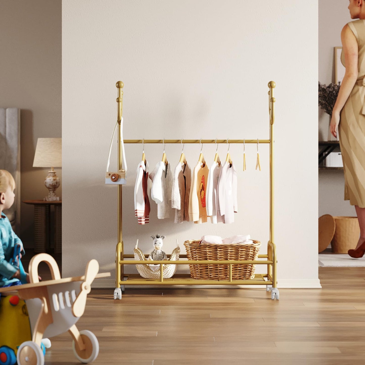 Bestier Kids Dress Up Rack, Adjustable Height for Kids Clothes, Metal Rack with Wheels and Bottom Storage Shelf, Gold