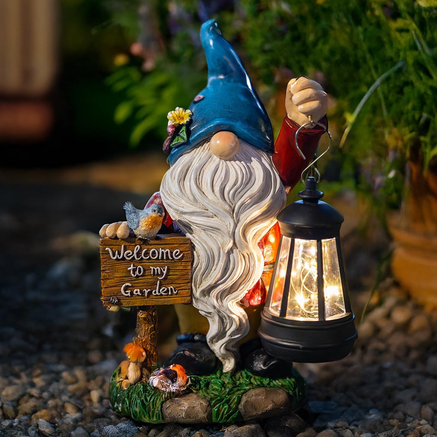 C&Y&G&X Solar Garden Gnome Statue – Waterproof Outdoor Decor with Solar Lantern LED Lights and Welcome Sign for Yard, Lawn, Patio – Ideal Gift for Grandma Mom Women