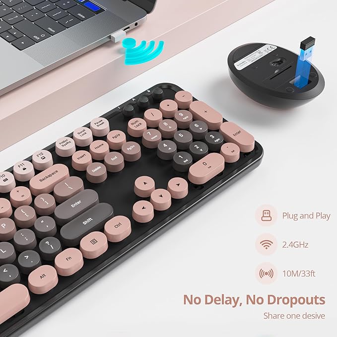 Wireless Keyboard and Mouse Set, Retro Typewriter, 2.4GHz Full Size 104-Key Cute Keyboard with Number Pad, Colorful Keyboard with Round Keycaps for Windows PC Laptop(Raspberry)