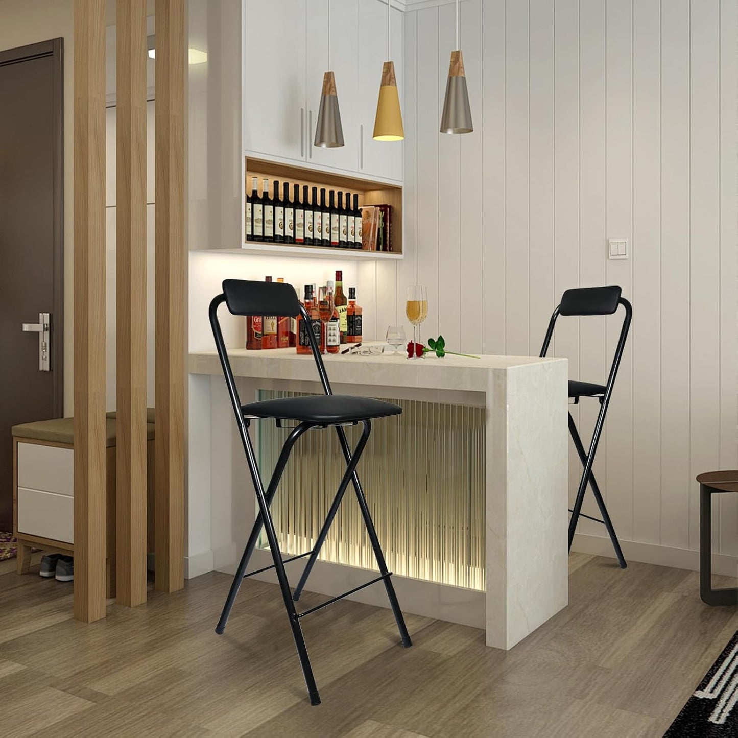 FATOLRD Folding Bar Stool with Back, 1 pcs Tall Foldable Stool Chair Portable Adult Collapsible Stools Counter Height Seat Leather Padded Kitchen Shop Comfortable Sturdy