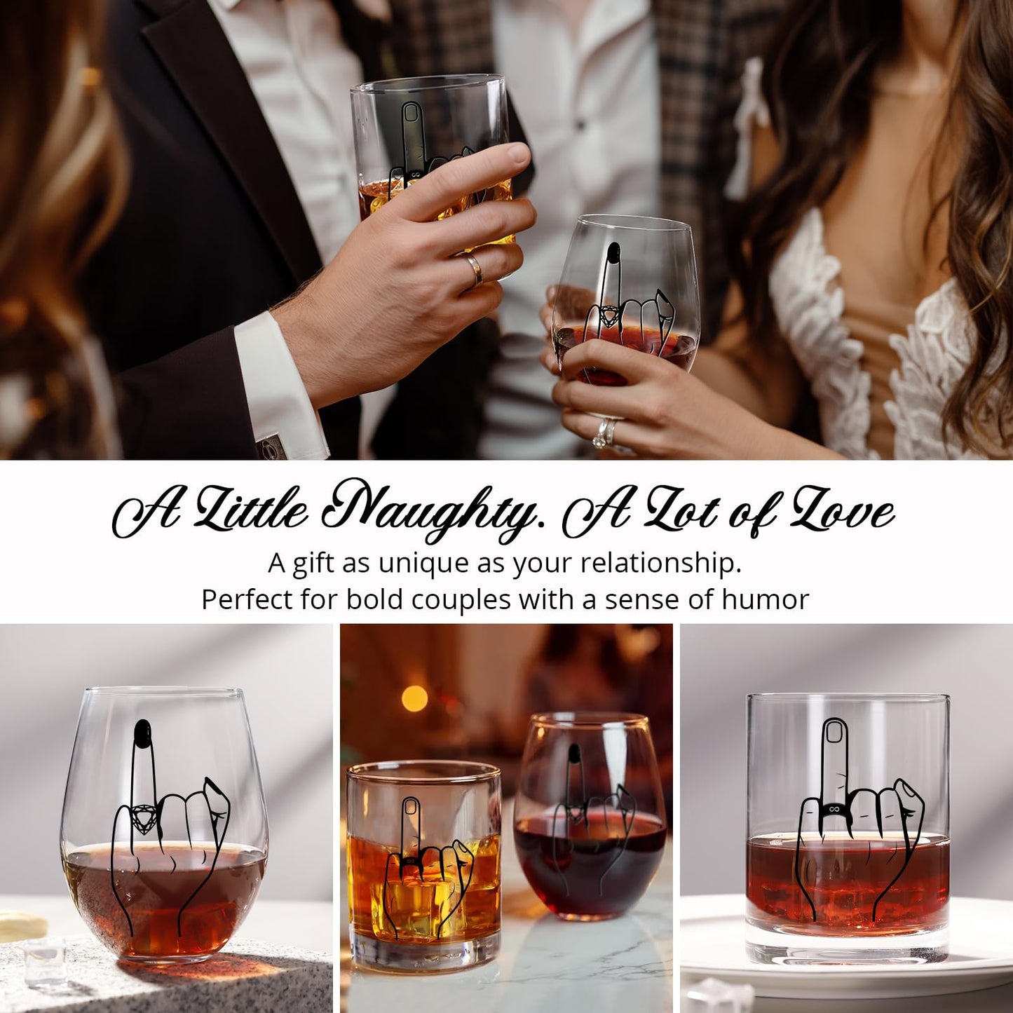 Funny Engagement Gift for Couples – Ring Finger Wine and Whiskey Glass Set – Cool Bridal Shower/Wedding/Bachelorette Gift for Bride and Groom, Newlyweds, Bridal Shower, Just Married,Mr and Mrs
