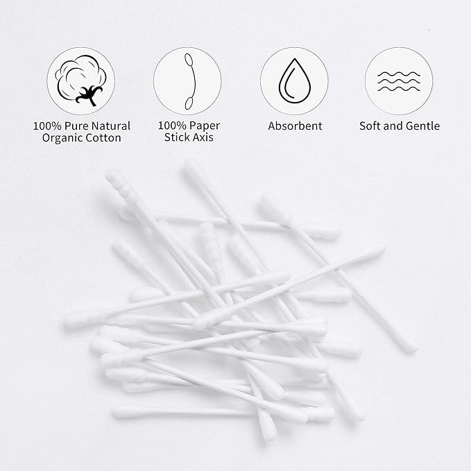 Cotton Swabs Spiral - 600 Count Organic Cotton Buds Double Side Tightly Wrapped Cotton Tips Paper Stick Soft Gentle Lint-Free Cruelty-Free, Round & Spiral (White)