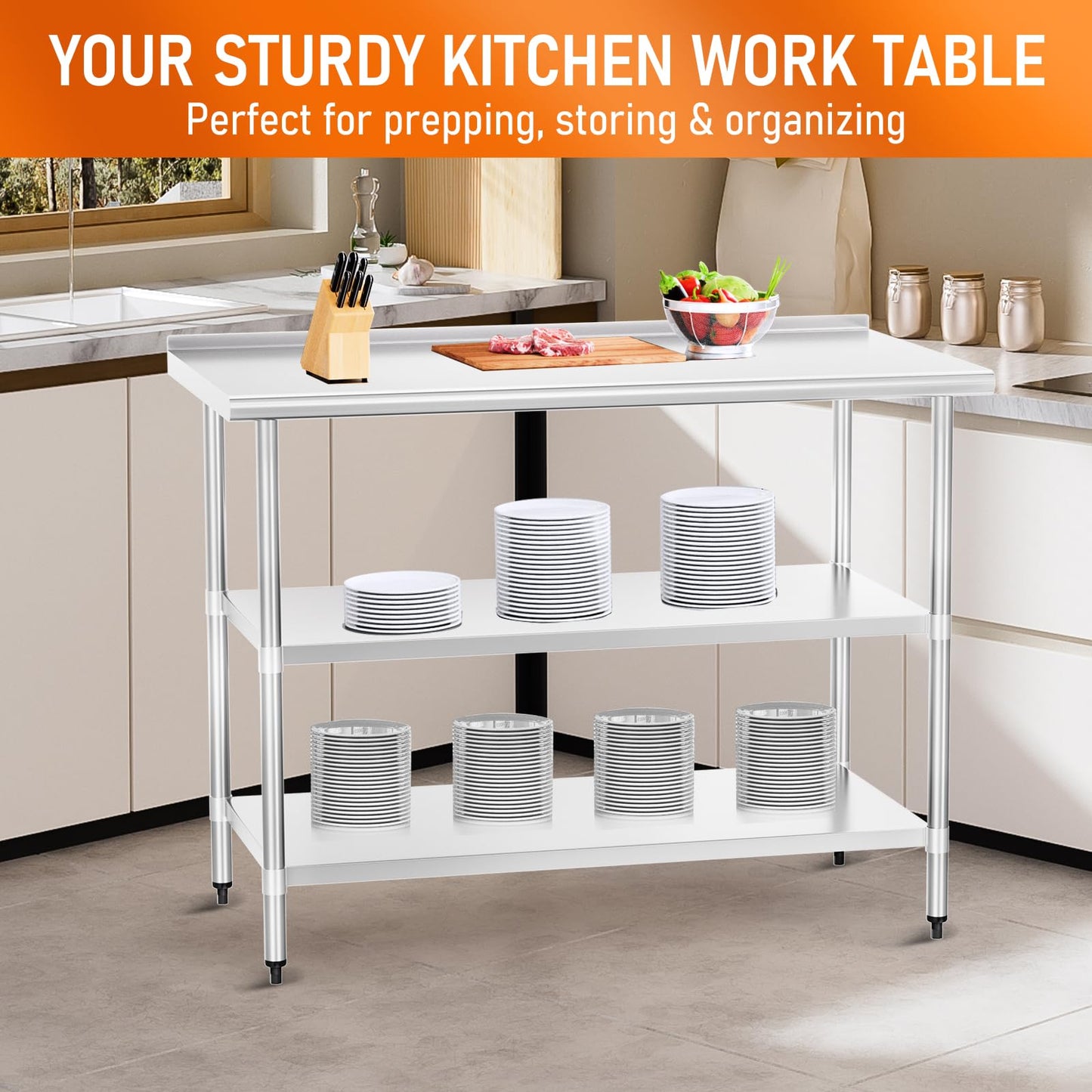 HOCCOT Stainless Steel Table 24" x 60" with 2 Adjustable Undershelves and Backsplash, Commercial Metal Workstations for Kitchen, Garage, Outdoor BBQ
