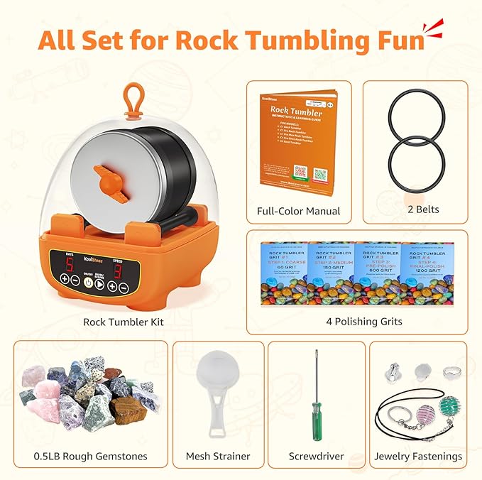 C5 Rock Tumbler for Kids - Dual Noise-Reduction for Quiet Tumbling, Adjustable Timer & Speed with Full Accessories & Memory Function, Complete Rock Polishing Kit for Starter - Great STEM Science Gift
