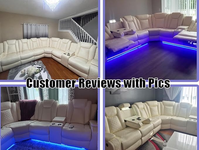 Dekmxas Breathing Leather Power Recliner Sectional Sofa Couch with LED Light, Living Room Furniture Sets,Creamy White Power Reclining Sectional Sofa Set with Storage Console/Cup Holder for Living Room