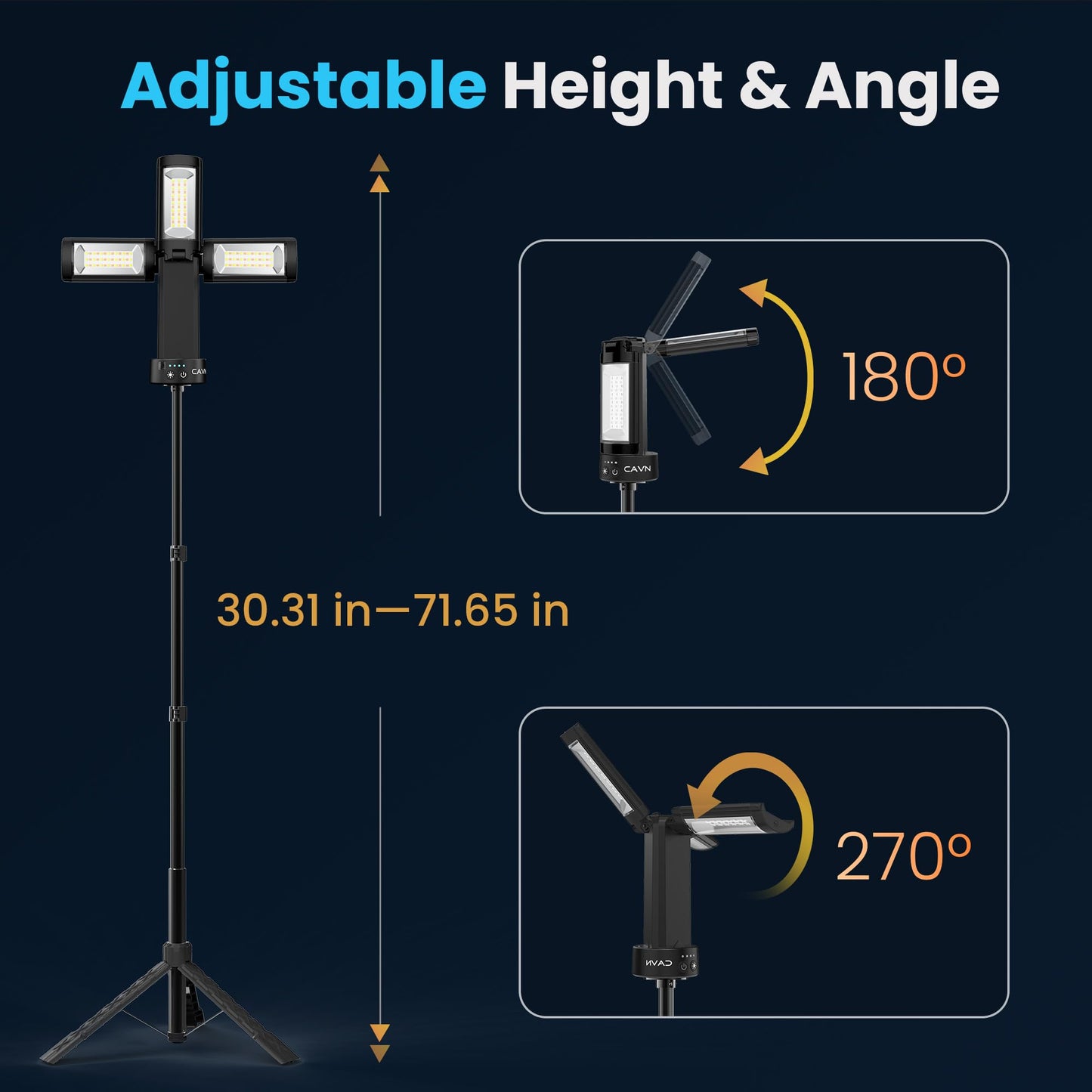 CAVN Rechargeable Camping Lights with Remote & Detachable Tripod Max Height 6.7 ft, Portable Work Light with 3 LED Lamp Heads, Camping Essentials Gear Emergency Flashlight with Hook, Black