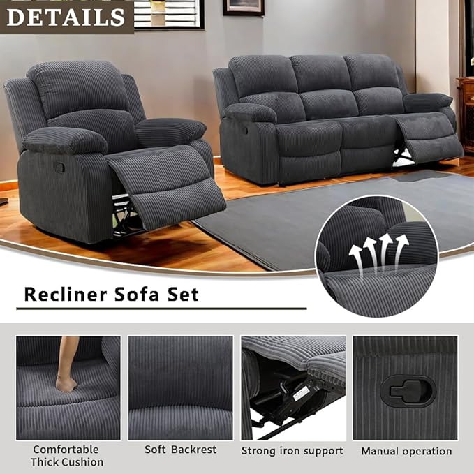 A Ainehome Living Room Furniture Set Recliner Sofa Set Chair Furniture Sofa Set for Living Room/Rv/House/Office/Theater Seating (A-Dark Grey Corduroy, Sofa+Chair)