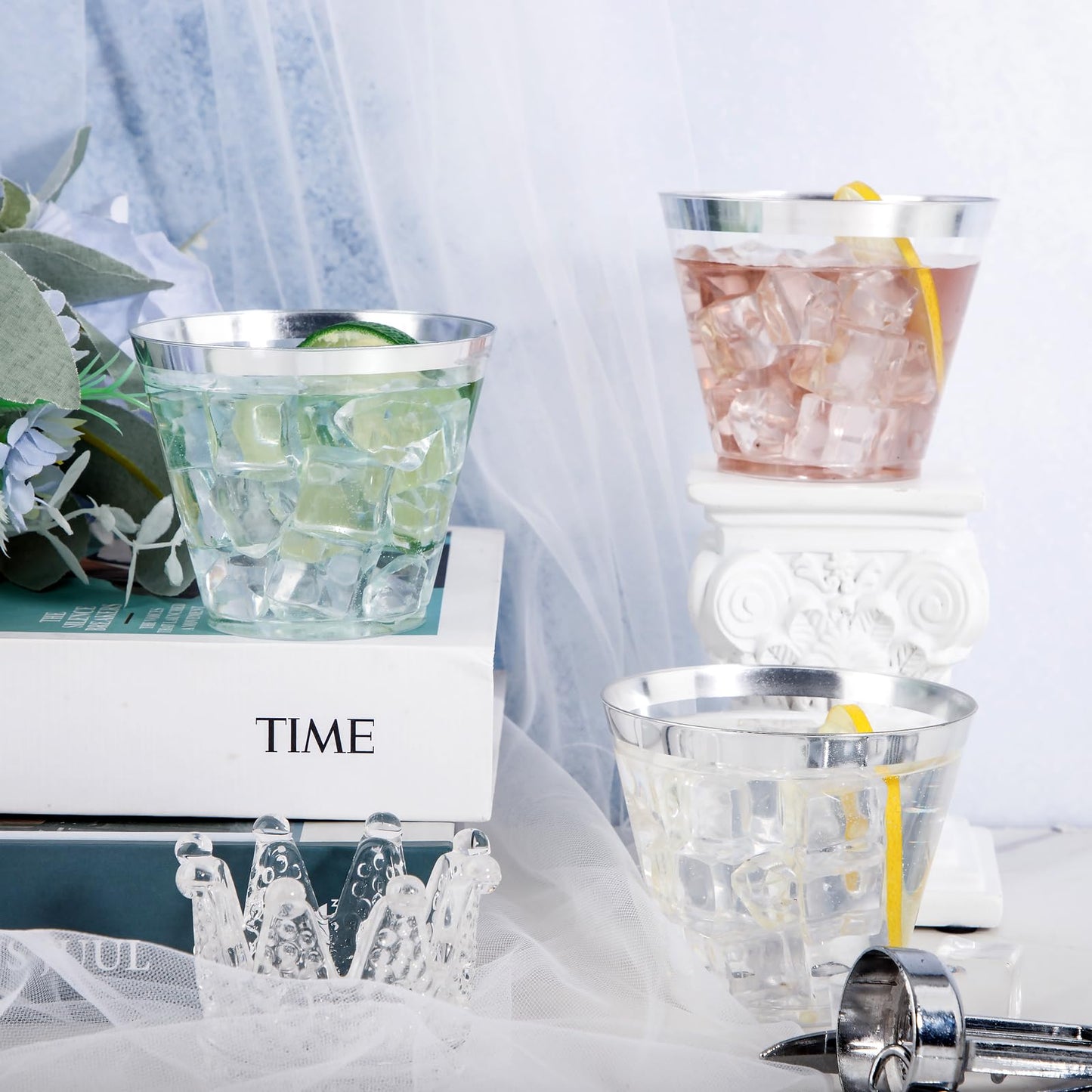 Ciaell 200PCS Silver Plastic Cups - 9Oz Heavy Duty Plastic Cups - Gold Rimmed Cup - Disposable Clear Cup with Gold Rim for Party & Wedding
