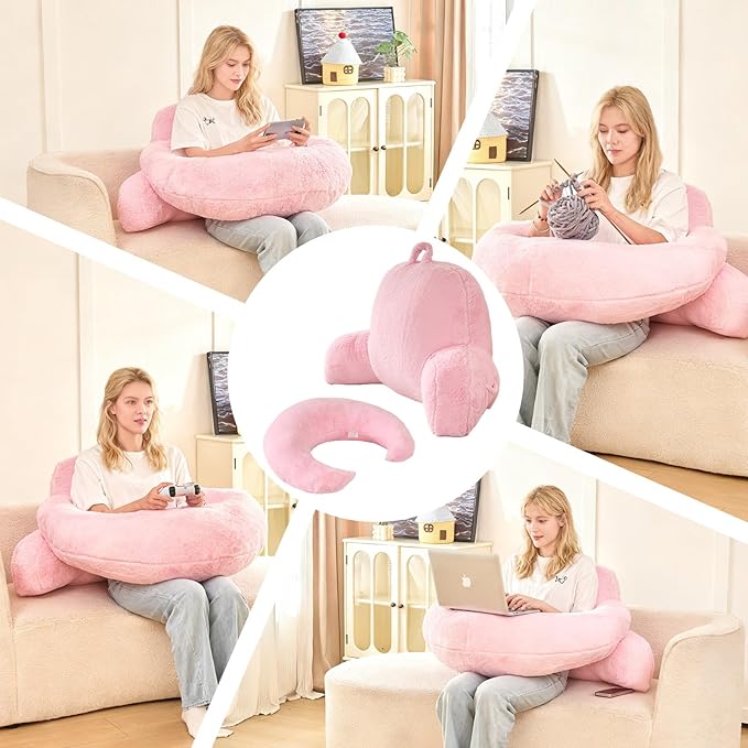 PAJEO Reading Pillow for Bed,U Shaped & Back Support Pillow for Bed,19" Backrest with Lumbar & Arm Support,Luxurious Faux Rabbit Fur,Gaming PillowFor Crochet/Reading/Watching TV,Pink
