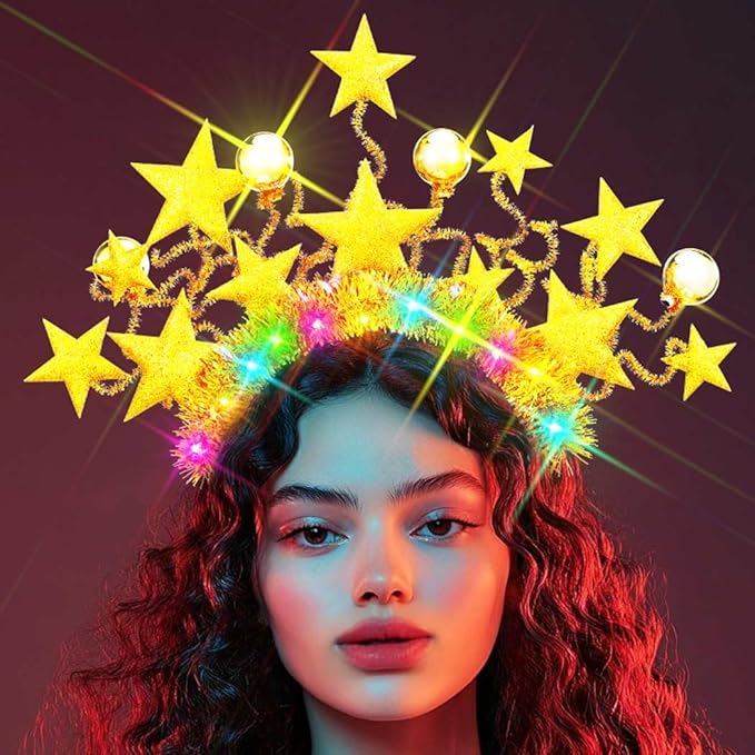 JONKY Light Up Gold Star Headband Disco Ball Hair Band Rave Costume Party Hair Accessories for Women