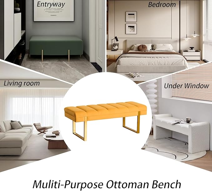 AIITTCC Velvet Ottoman Bedroom Bench, 46.5" Tufted Padded End of Bed Bench with Gold Legs, Upholstered Shoe Bench for Living Room Entryway Window (Mustard Yellow, 46" Wide)