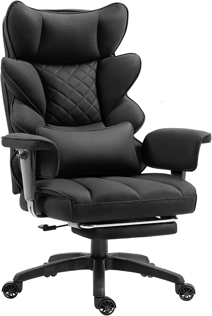 Dowinx Big and Tall Office Chair with Pocket Spring Cushion,High Back Computer Gaming Chairs with Adjustable Armrests,Executive Desk Chairs with Lumbar Support and Footrest,Fabric-Black