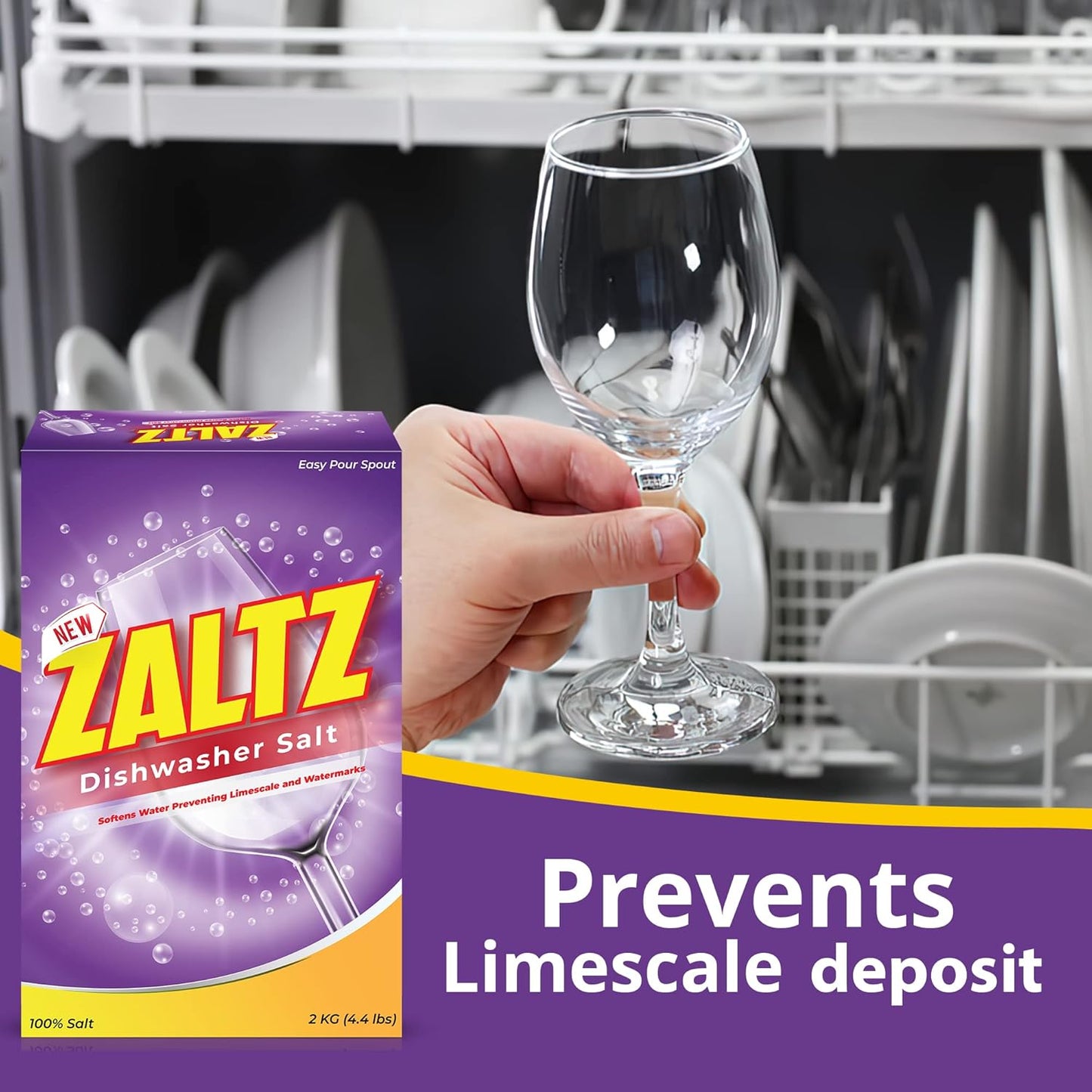 Zaltz Dishwasher Salt - Water Softener, Cleaner, Rinse Aid With Easy Pour Spout - Real Salt For Dishwashers, 4.4 lb Box