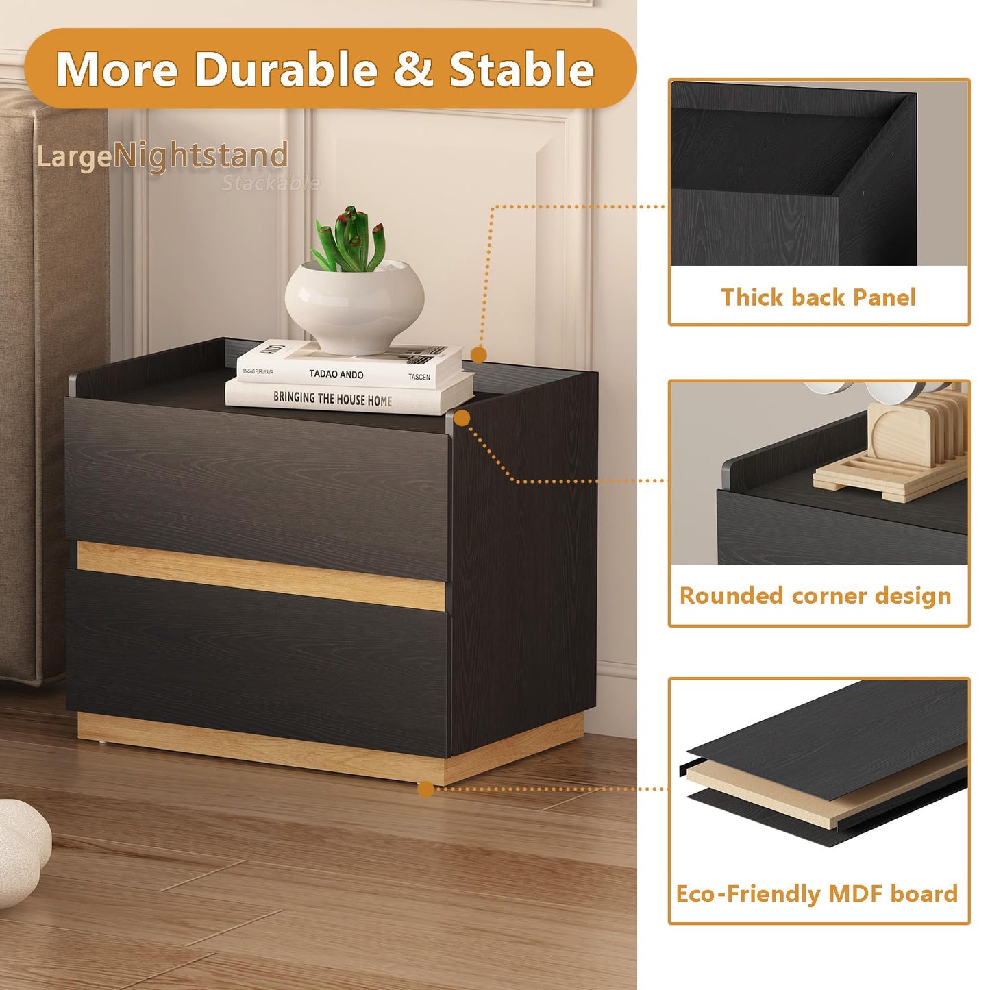 DAELIFKER Large Modern Nightstand Black Bedside Table, 2 Drawer Dresser Wood Stackable Storage Drawers for Clothes for Closet, Bedroom, 24"x16"x20"