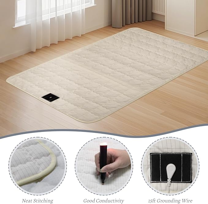 Grounding Mat, 24x35 Inch, Cotton Grounding Pad with Silver Fiber, Grounding Mat for Feet, Improves Sleep Wellness, Beige