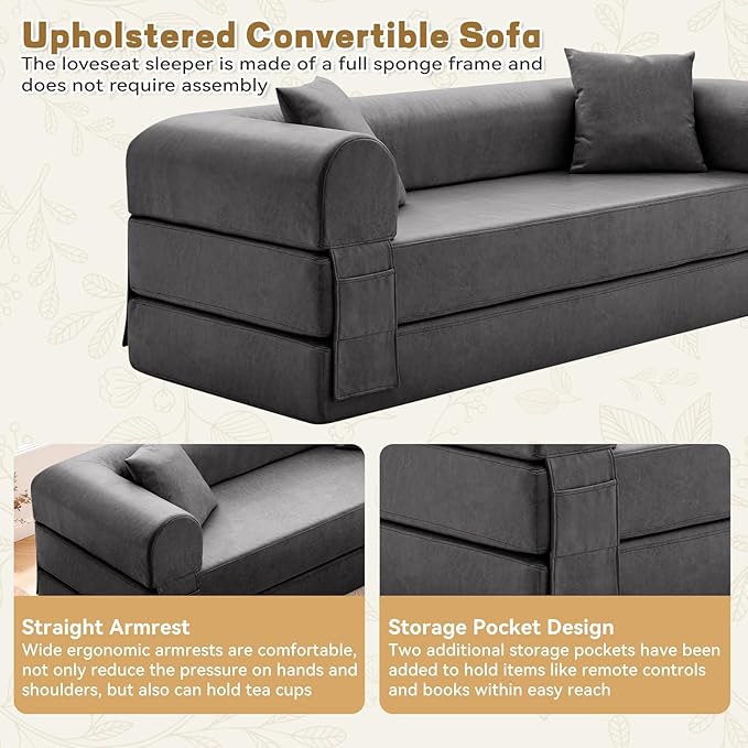 GJQ Convertible Sleeper Sofa Bed,78.5 Inch Faux Leather Futon Couch with Pillows & Storage Pocket,5-in-1 Folding Sofa Bed Queen with Pull Out Beds,Boneless Couches for Living Room,Couch in a Box,Gray