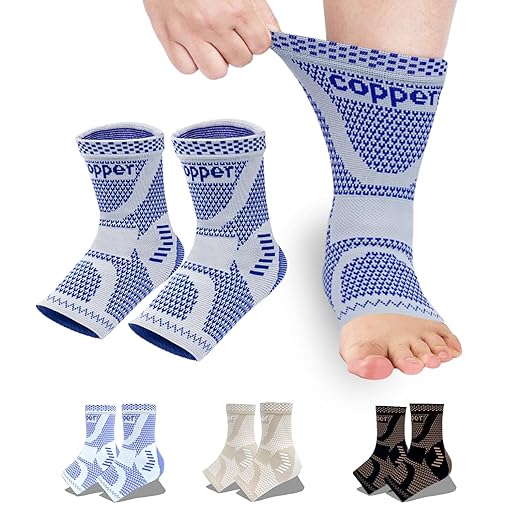 LISEPWU Copper Ankle Brace, Copper Infused Ankle Support Compression Sleeve for Men & Women, for Foot Pain Relief, Sprained Recovery, Achilles Tendonitis, Daytime or Night Use(Blue S)