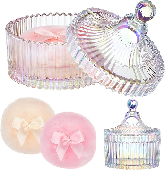 Tioncy 3 Pcs Large Body Powder Puff and Container Valentine's Day gift Powder Container with Puff Crystal Case Soft Washab...