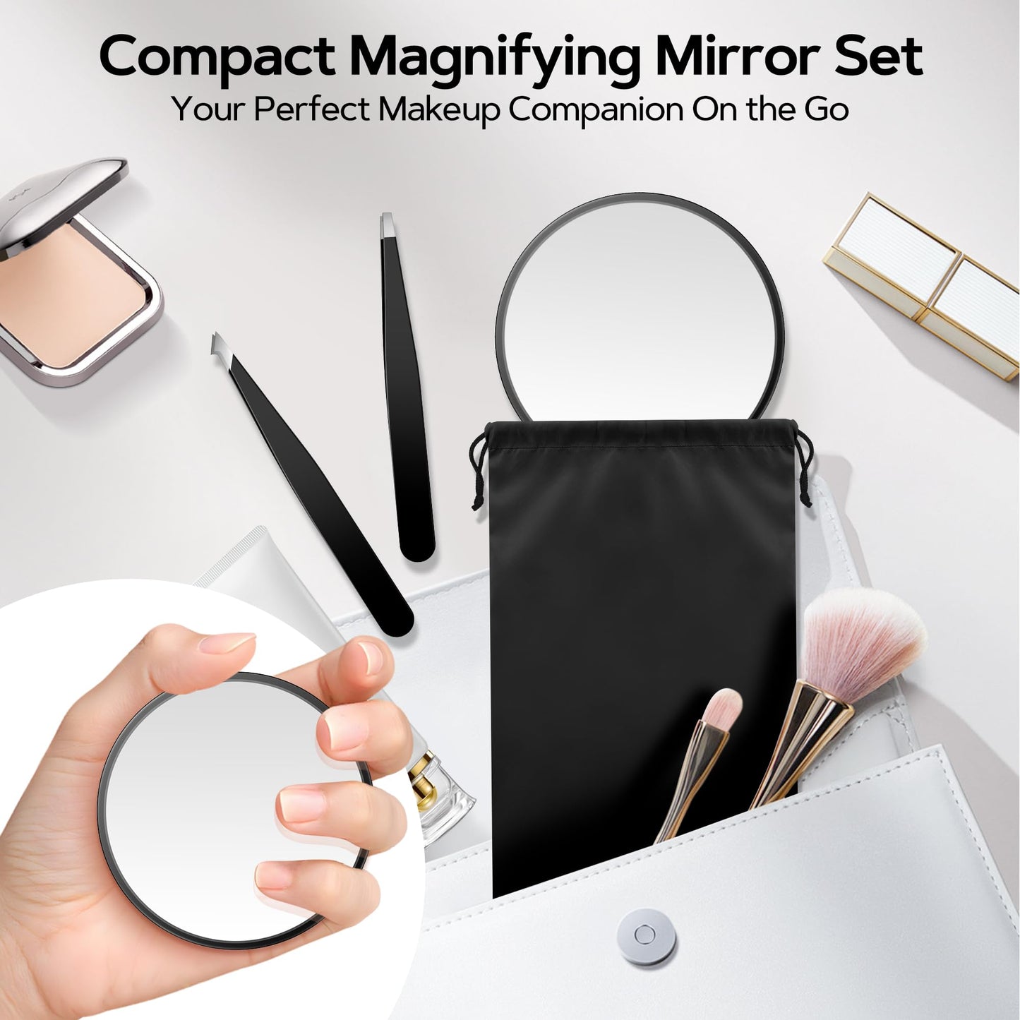 MIYADIVA Magnifying Mirror Set, 10x&20x&30x Suction Cup Makeup Mirror, 2 Tweezers & Storage Bag. 3.5in Compact Mirror for Travel
