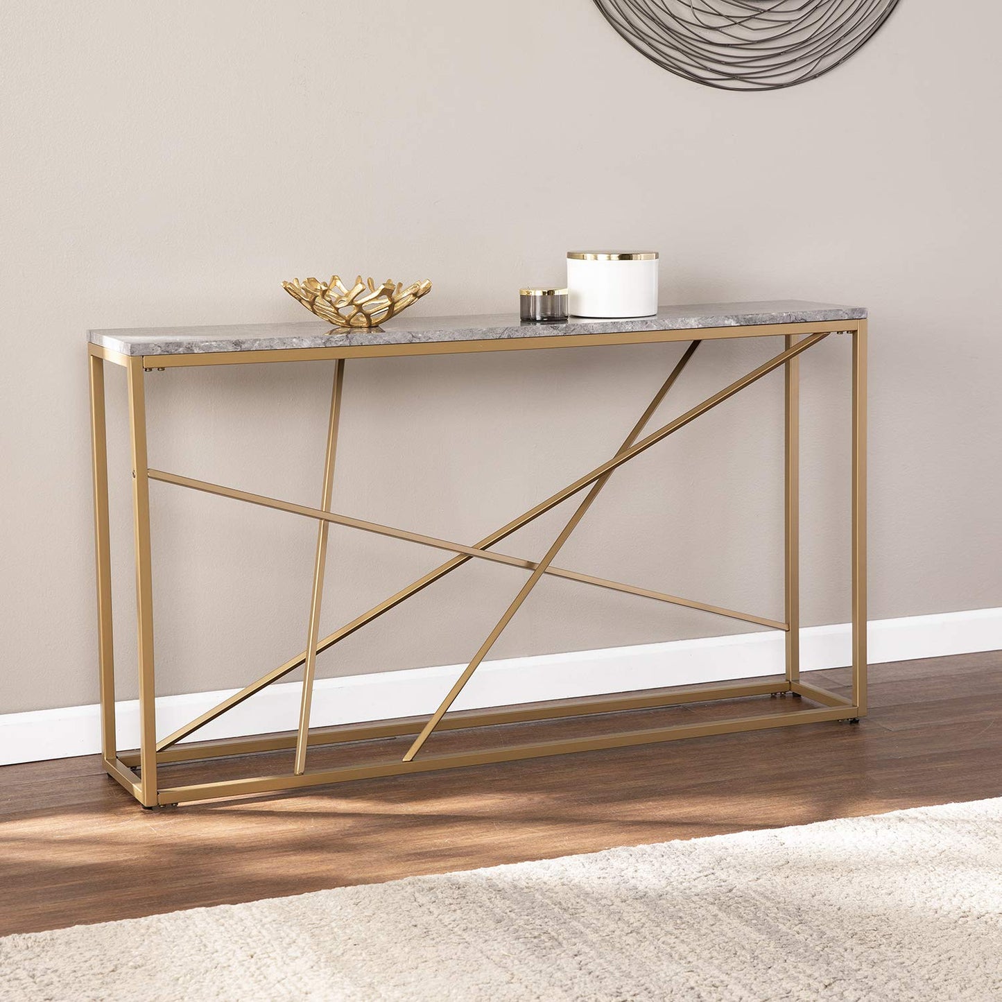 SEI Furniture Arendal Faux Marble Skinny Console Table, Living Room, Hall/ Entry Dining Room Modern Style Powder-Coated Iron, Gold