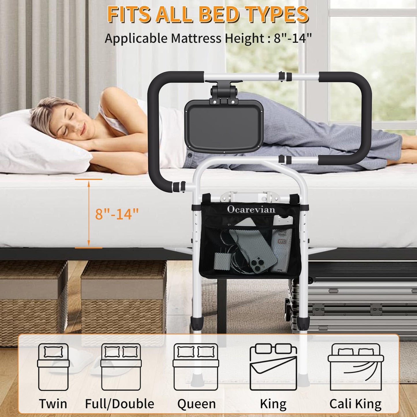 Ocarevian Bed Rails for Elderly Adults Safety, Adjustable Bed Cane for Seniors, Extendable Assist Handle with Side Table, LED Light & Carry Bag, Fits Queen, King, Twin Mattresses (Black + White)