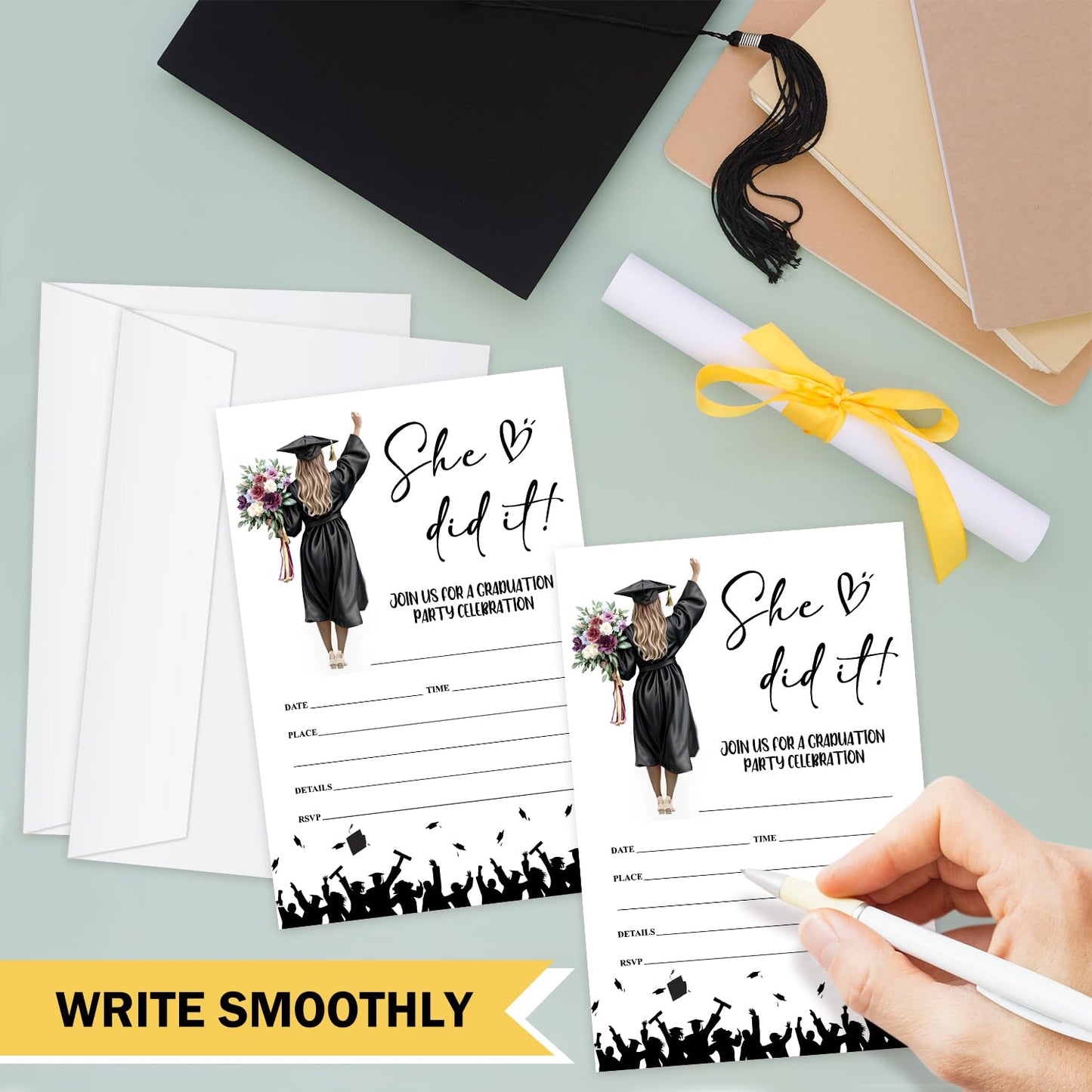 She Did It Graduation Invite Cards, 20 Graduation Invitations with Envelopes Congrats Grad Graduation Party Supplies for University College or High School Celebration Announcement Party Decor -FS388